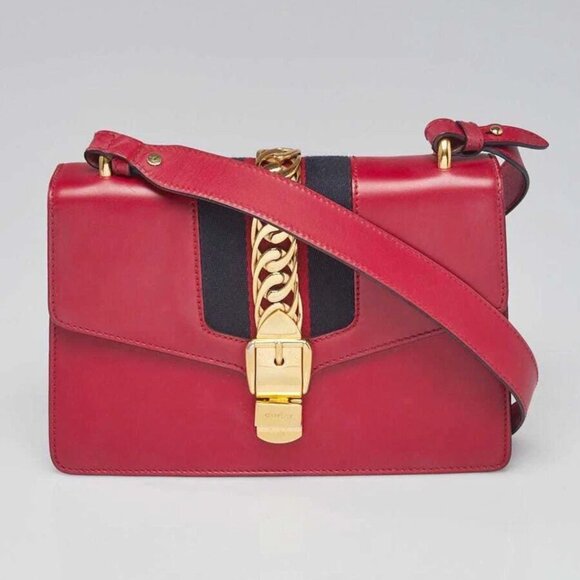 Gucci Red Smooth Leather Small Sylvie Shoulder Bag - Picture 1 of 12